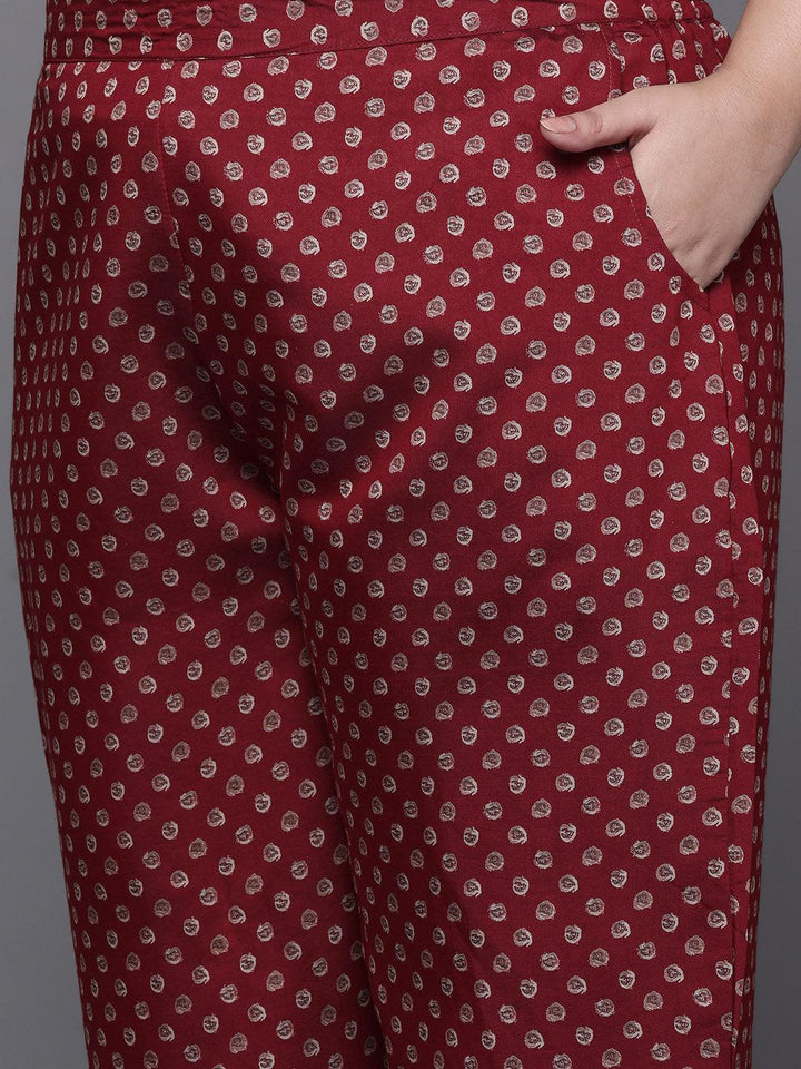 Plus Size Red Printed Silk Blend Straight Kurta With Trousers & Dupatta - Libas