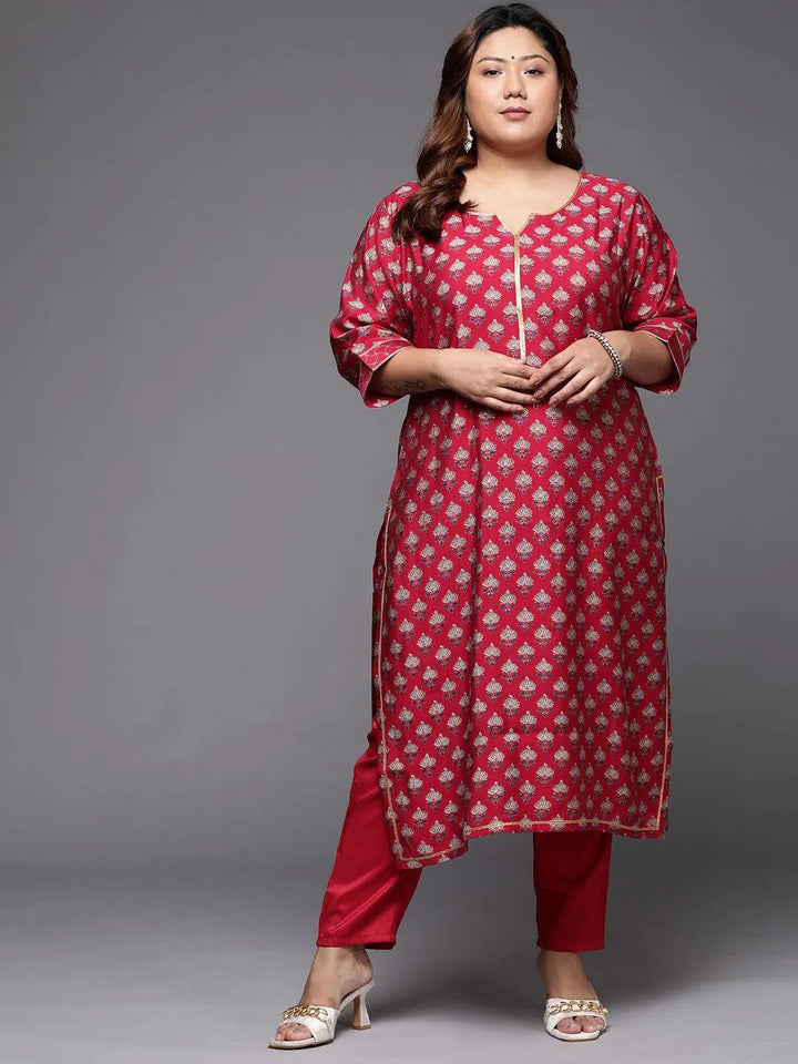 Plus Size Red Printed Silk Straight Kurta - Libas