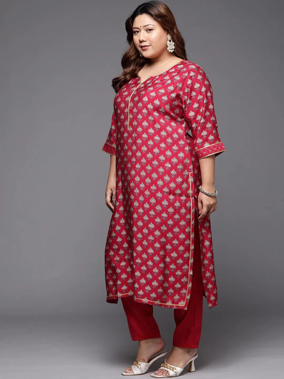 Plus Size Red Printed Silk Straight Kurta - Libas