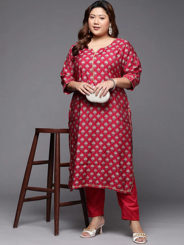 Plus Size Red Printed Silk Straight Kurta - Libas