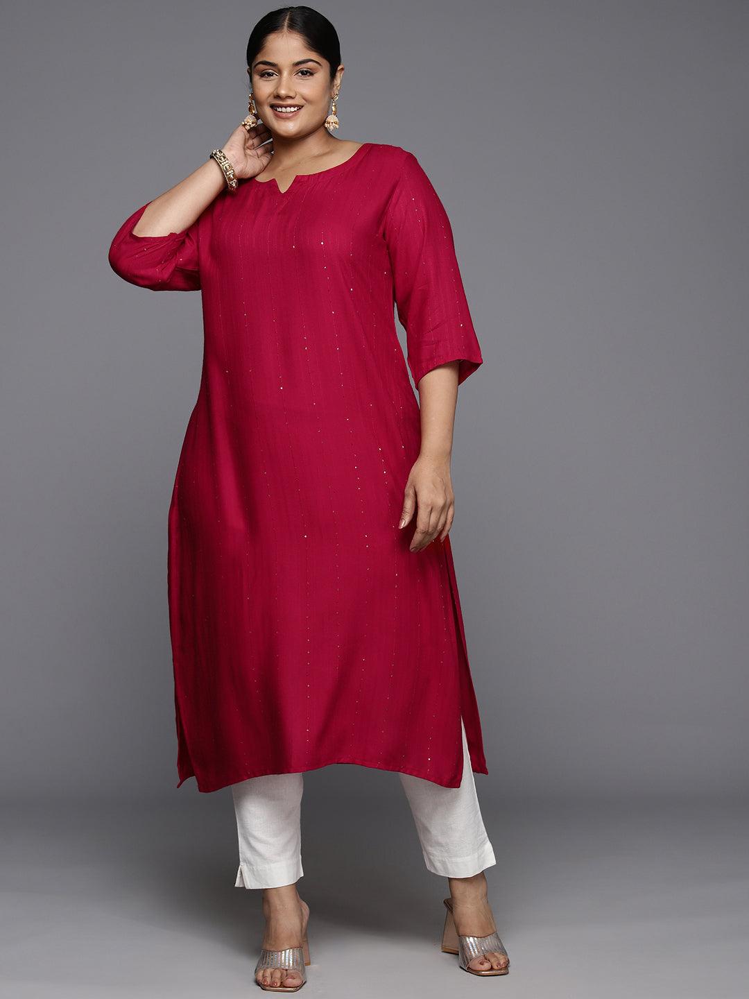 Plus Size Red Rayon Embroidered Straight Kurta - Libas