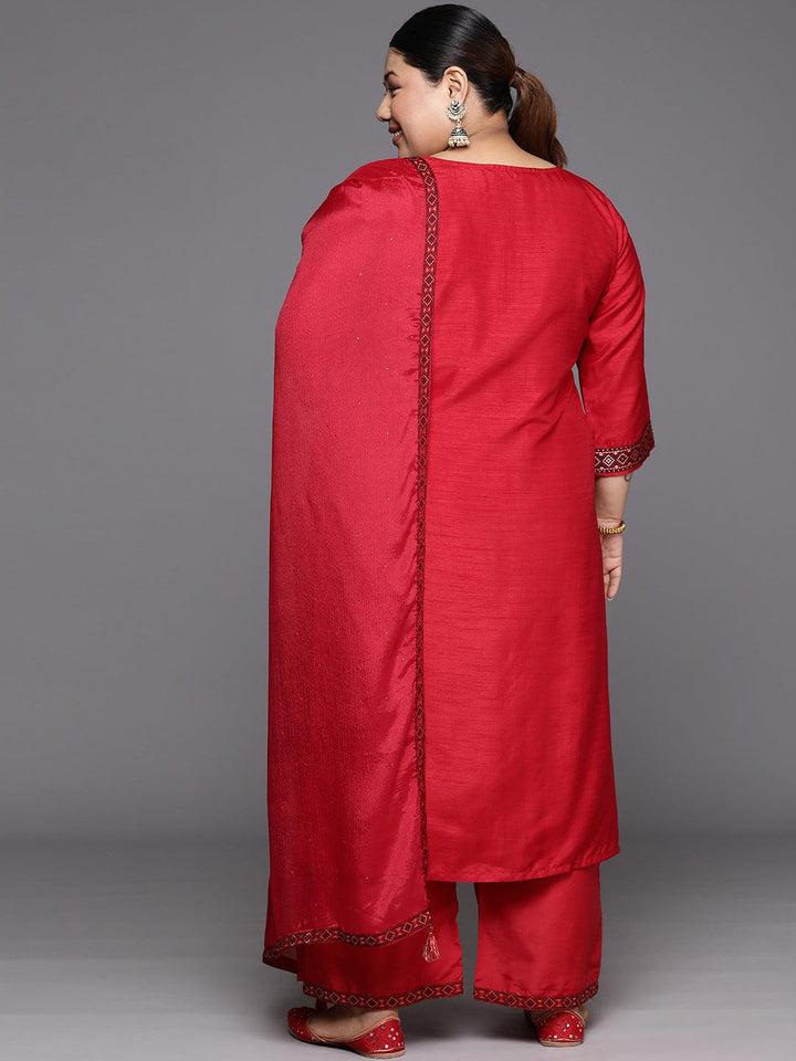 Plus Size Red Woven Design Silk Blend Straight Suit Set - Libas