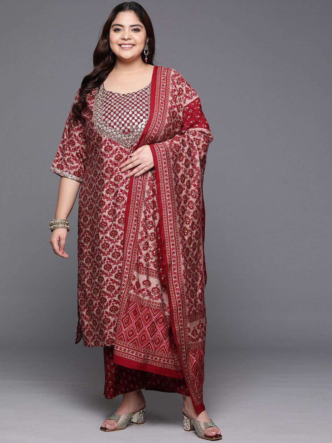 Plus Size Red Yoke Design Silk Blend Straight Kurta With Trousers & Dupatta - Libas