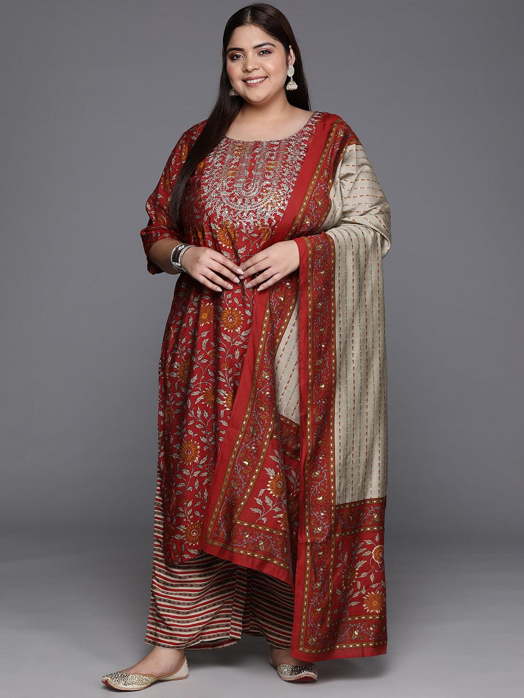 Plus Size Red Yoke Design Silk Blend Straight Kurta With Trousers & Dupatta - Libas 