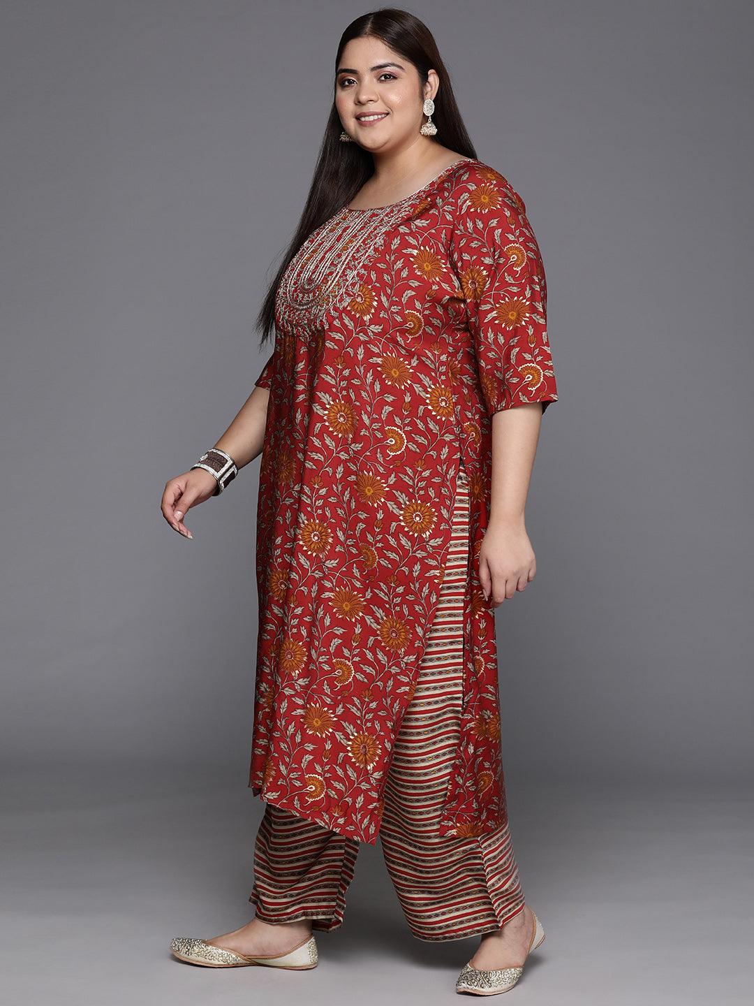 Plus Size Red Yoke Design Silk Blend Straight Kurta With Trousers & Dupatta - Libas