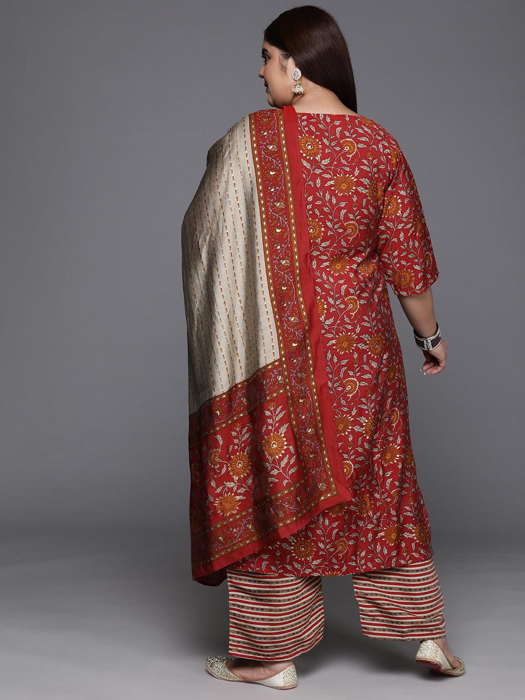 Plus Size Red Yoke Design Silk Blend Straight Kurta With Trousers & Dupatta - Libas 