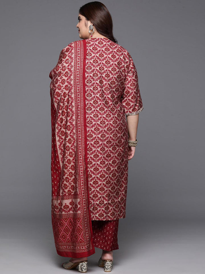 Plus Size Red Yoke Design Silk Blend Straight Kurta With Trousers & Dupatta - Libas