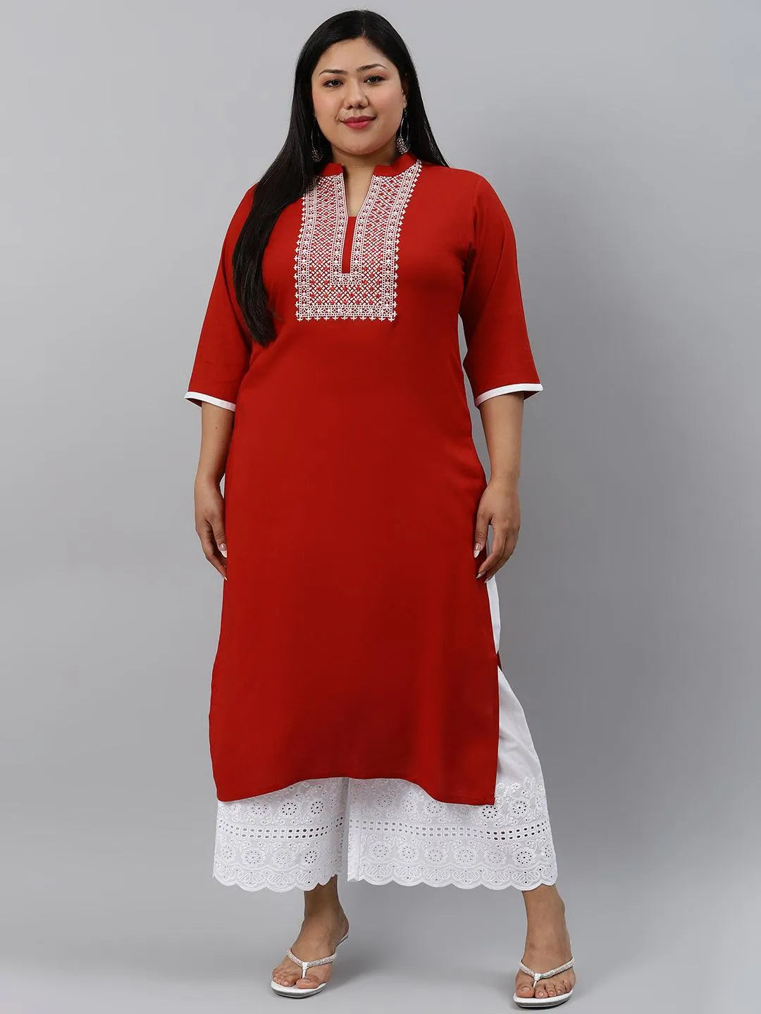 Plus Size Rust Embroidered Rayon Kurta - Libas