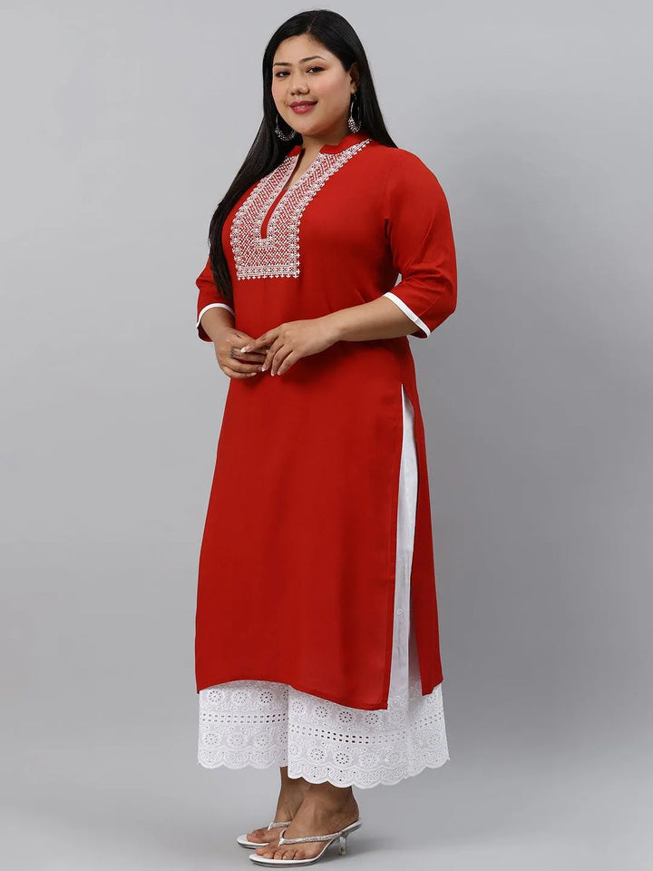 Plus Size Rust Embroidered Rayon Kurta - Libas