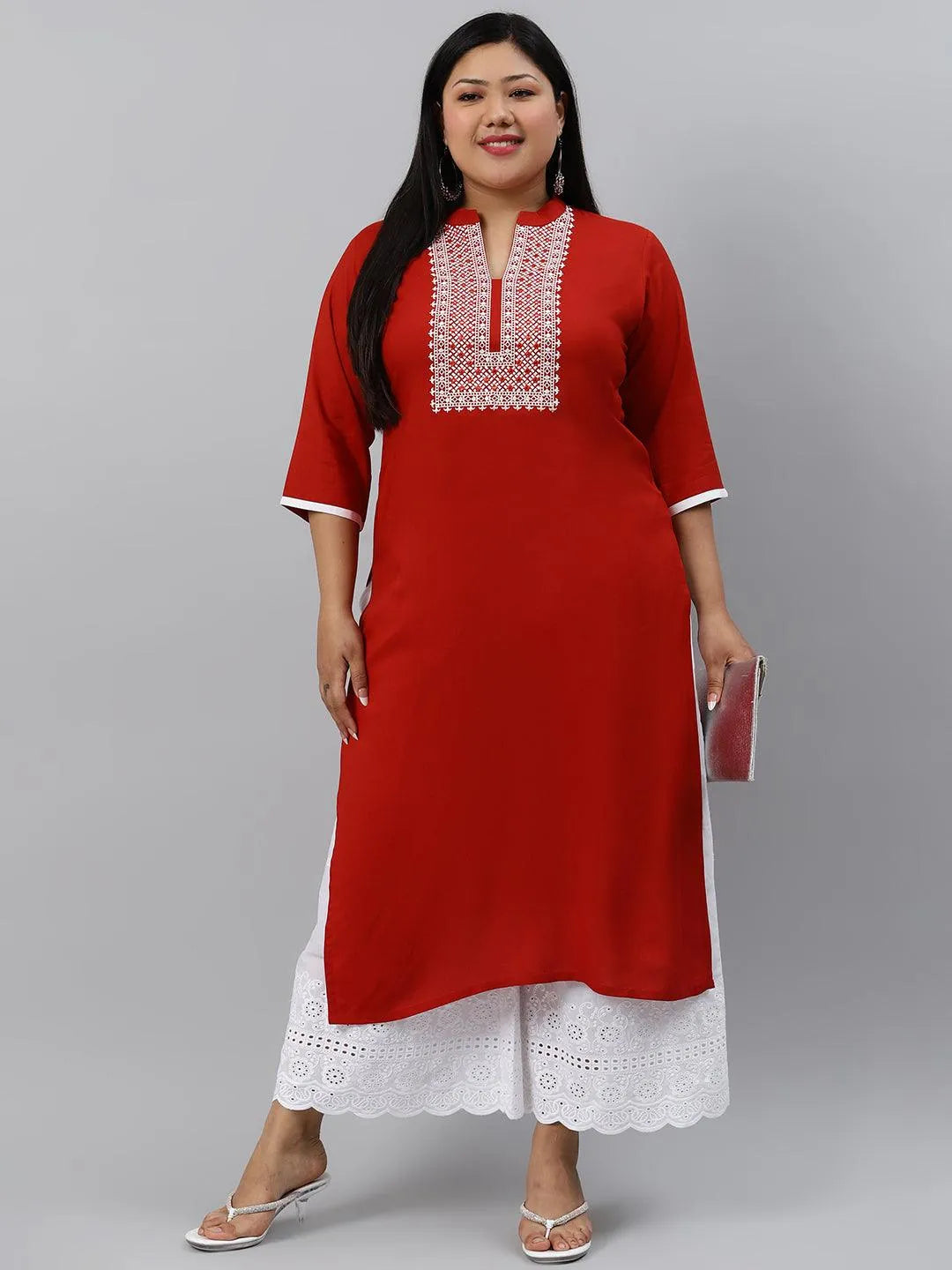 Plus Size Rust Embroidered Rayon Kurta - Libas