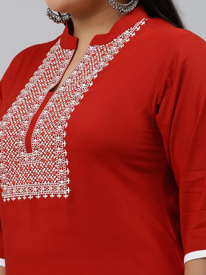 Plus Size Rust Embroidered Rayon Kurta - Libas