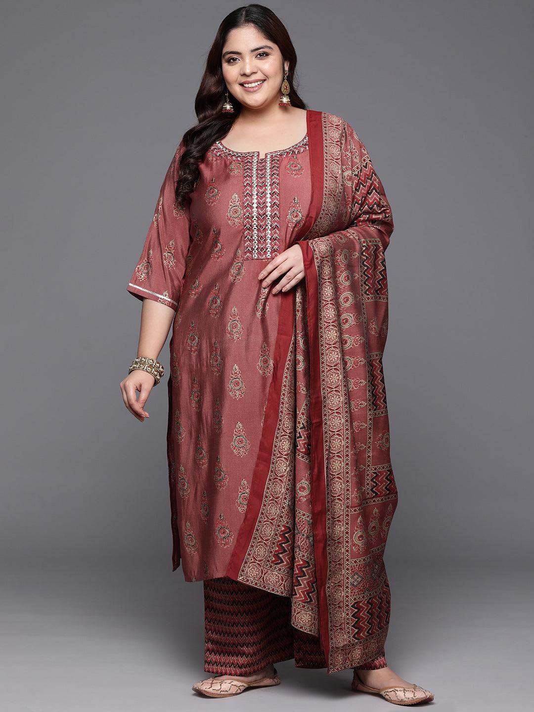 Plus Size Rust Printed Silk Blend Straight Kurta With Trousers & Dupatta - Libas