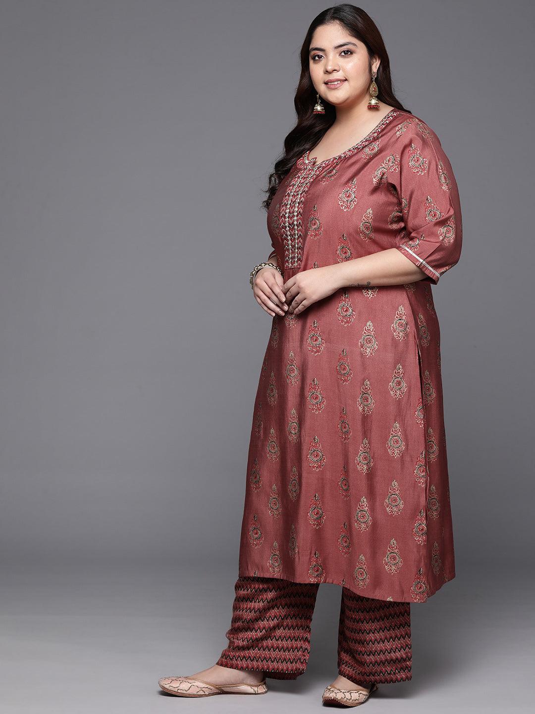 Plus Size Rust Printed Silk Blend Straight Kurta With Trousers & Dupatta - Libas