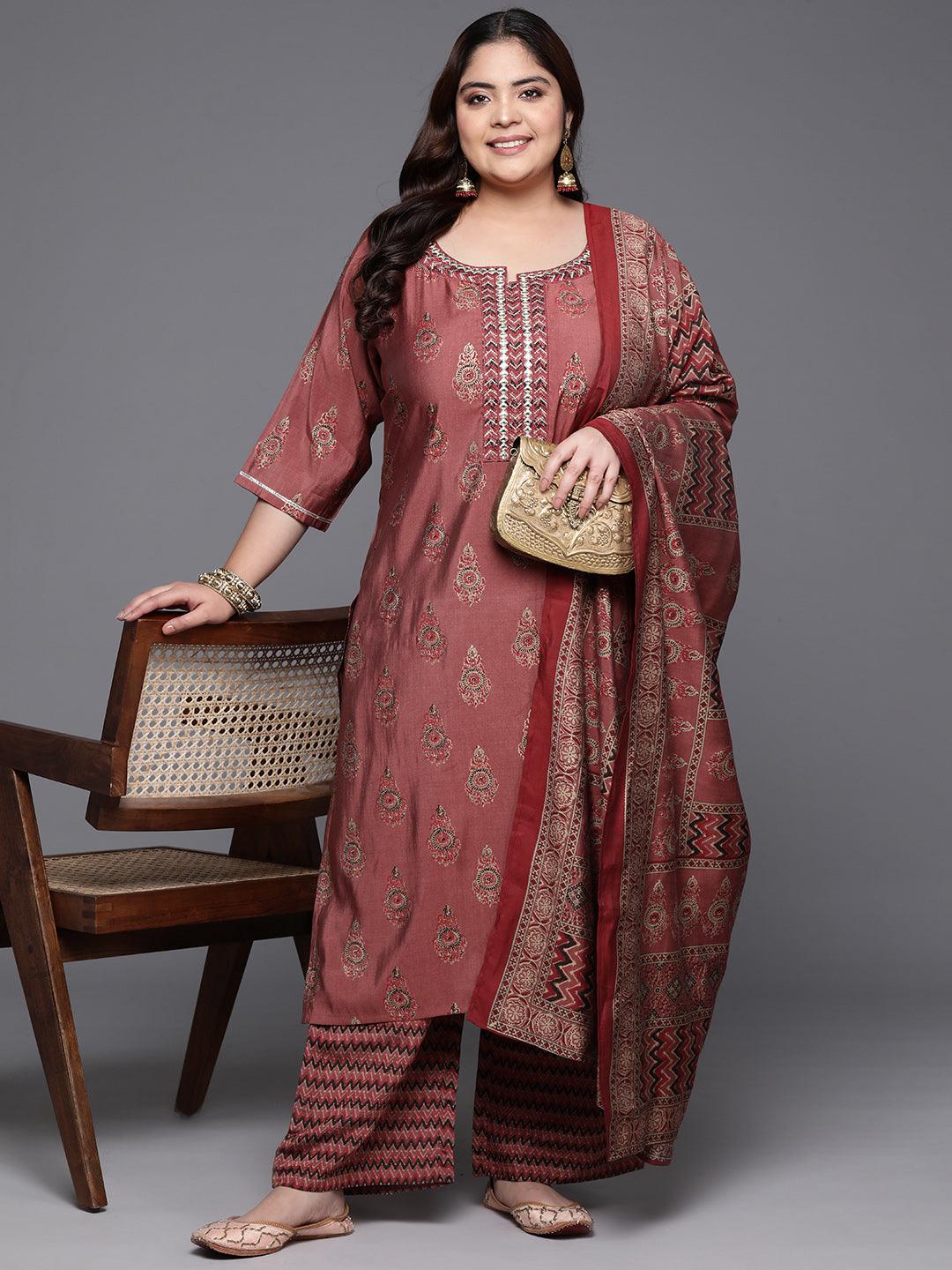 Plus Size Rust Printed Silk Blend Straight Suit With Dupatta