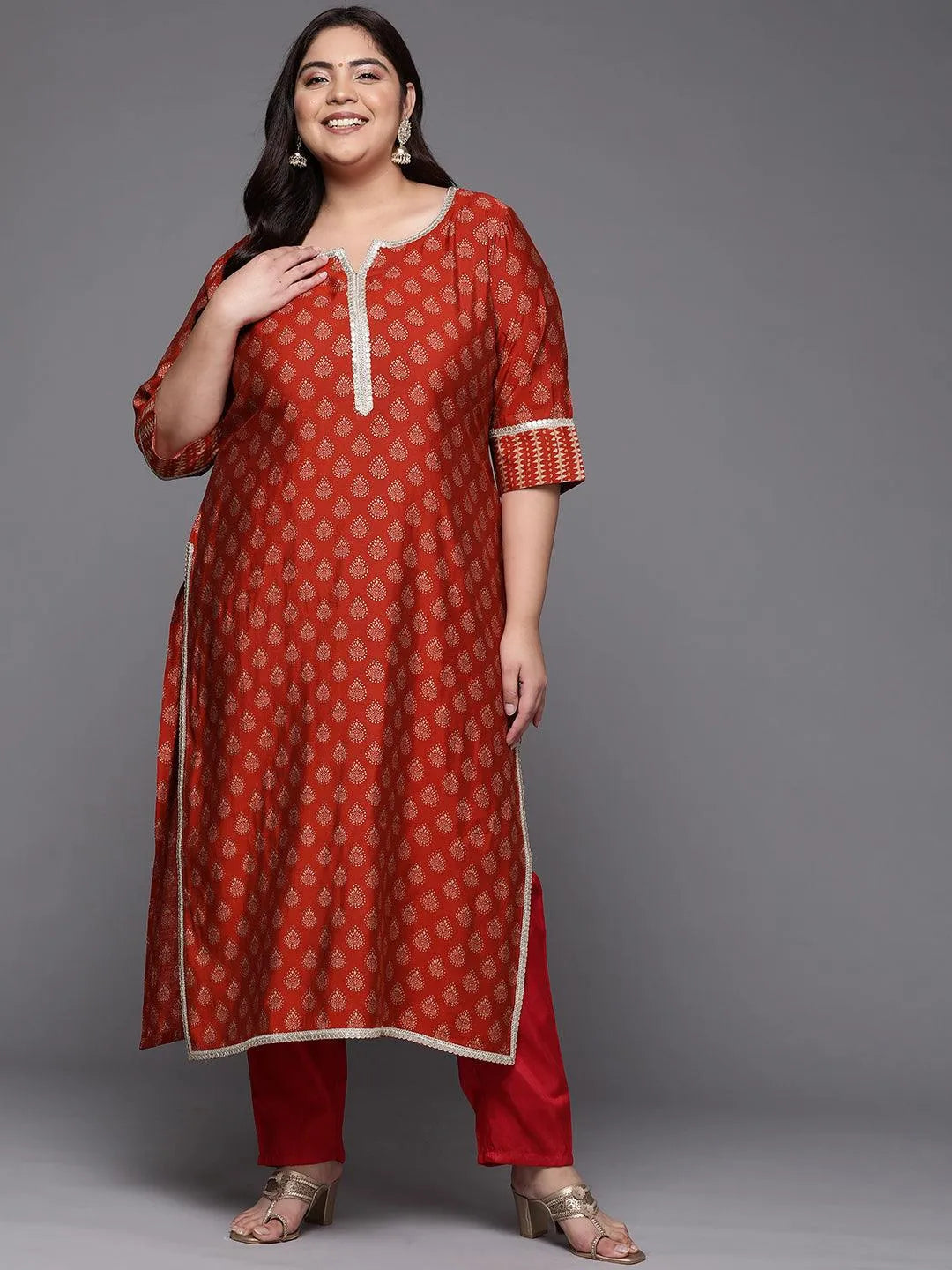 Plus Size Rust Printed Silk Straight Kurta - Libas