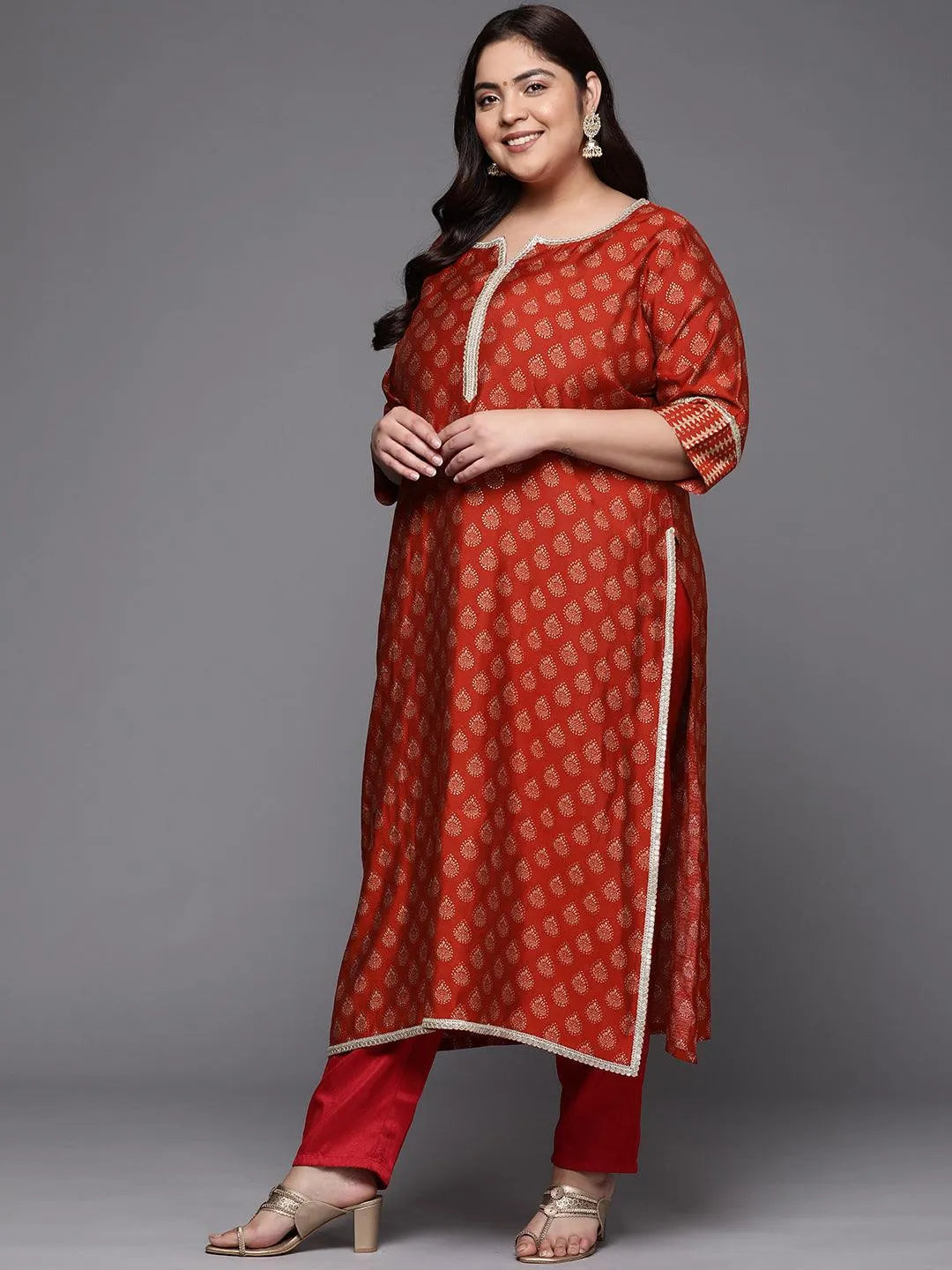 Plus Size Rust Printed Silk Straight Kurta - Libas