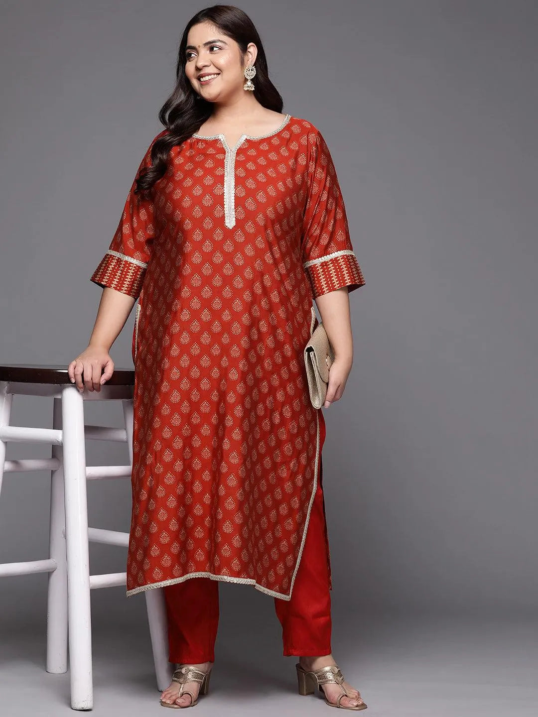 Plus Size Rust Printed Silk Straight Kurta - Libas