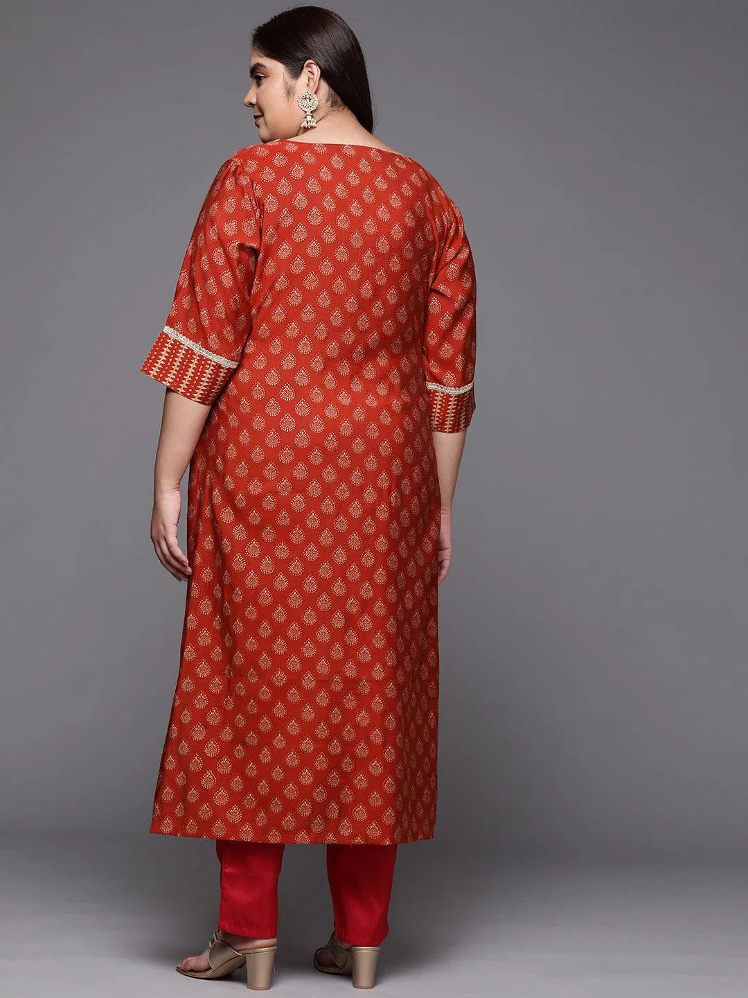 Plus Size Rust Printed Silk Straight Kurta - Libas