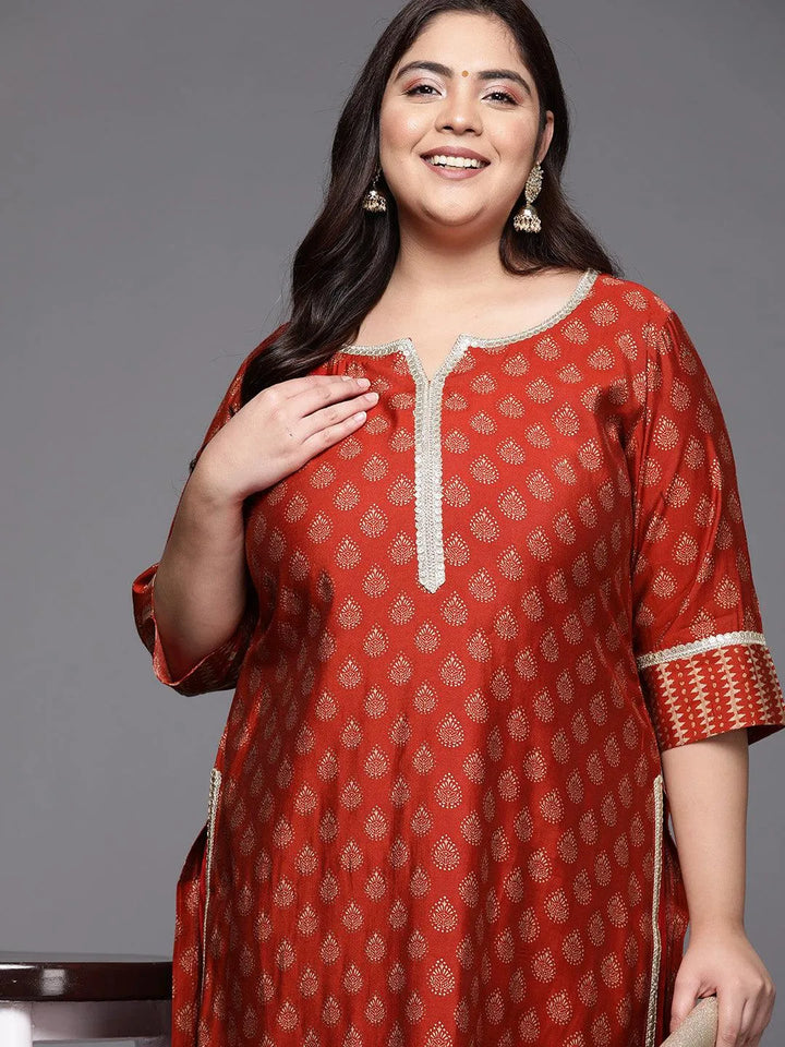 Plus Size Rust Printed Silk Straight Kurta - Libas