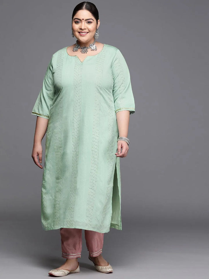 Plus Size Sea Green Embellished Chanderi Silk Kurta - Libas