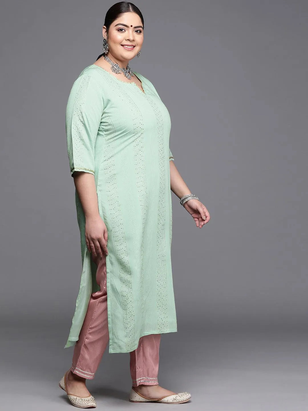 Plus Size Sea Green Embellished Chanderi Silk Kurta - Libas