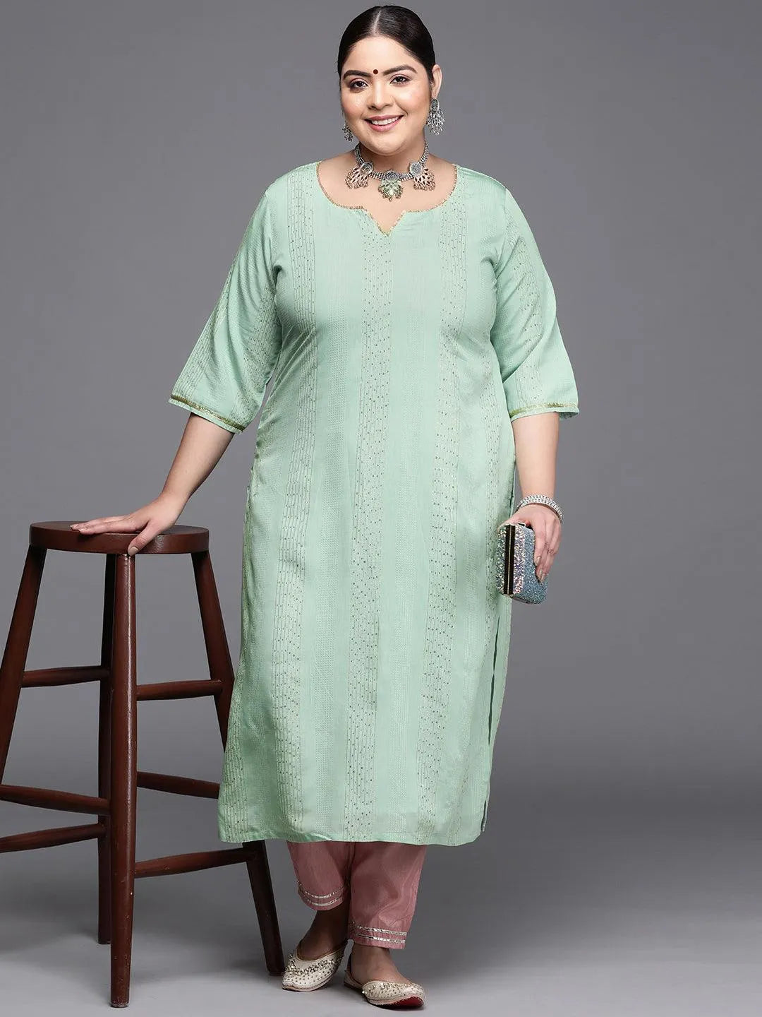 Plus Size Sea Green Embellished Chanderi Silk Kurta - Libas