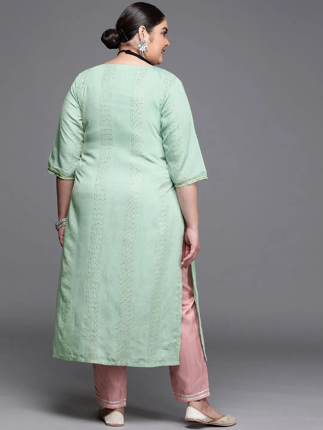 Plus Size Sea Green Embellished Chanderi Silk Kurta - Libas