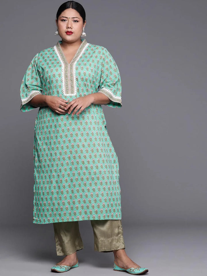 Plus Size Sea Green Printed Cotton Kurta - Libas