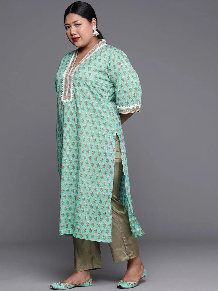 Plus Size Sea Green Printed Cotton Kurta - Libas