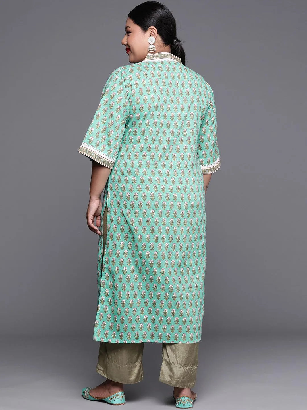 Plus Size Sea Green Printed Cotton Kurta - Libas