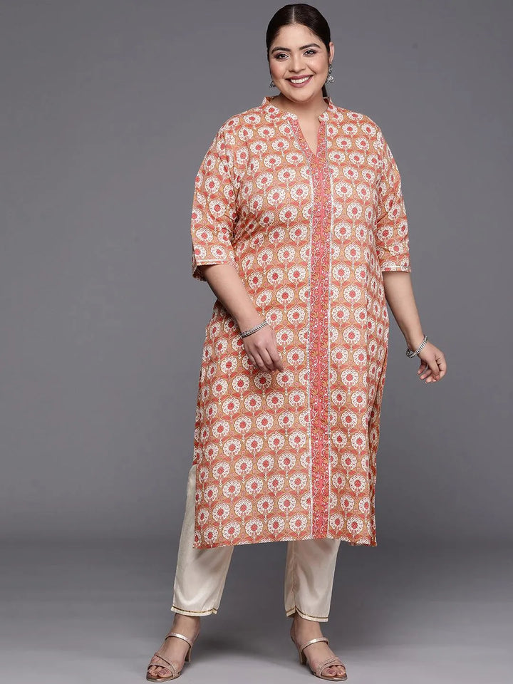 Plus Size Tan Printed Cotton Straight Kurta - Libas