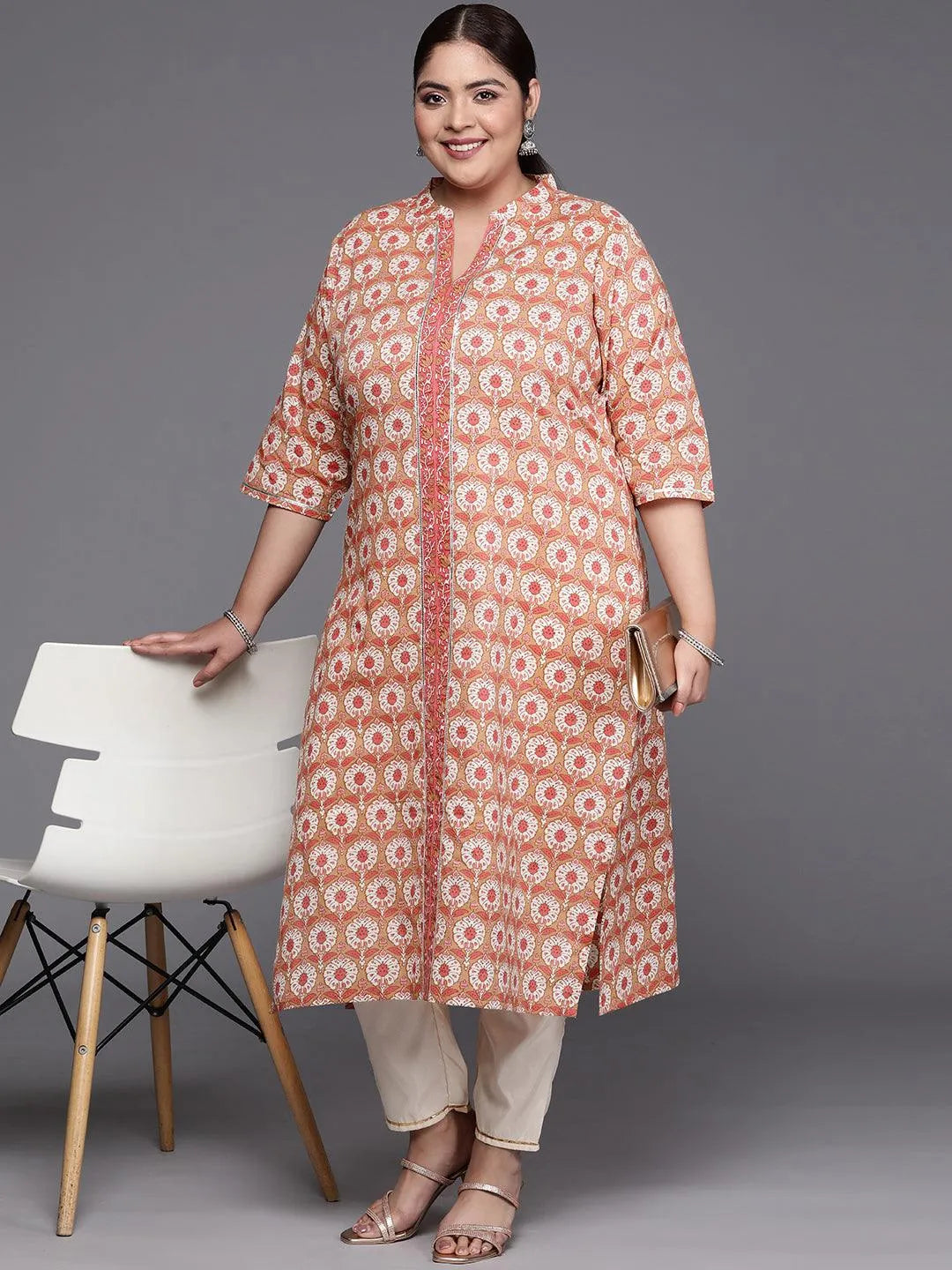 Plus Size Tan Printed Cotton Straight Kurta - Libas