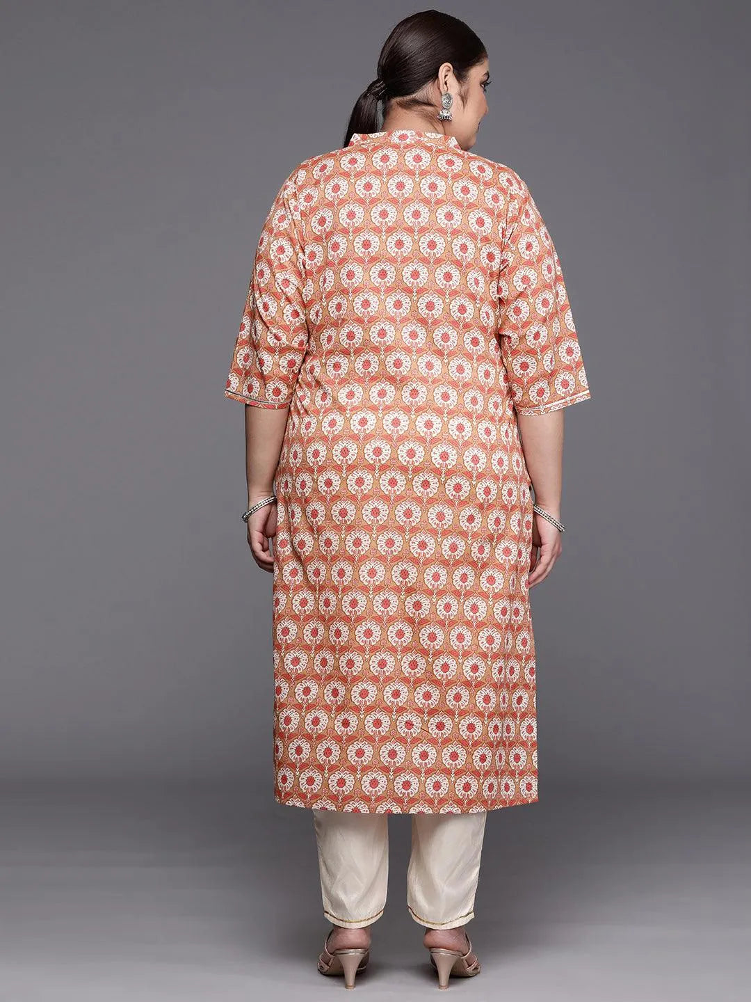 Plus Size Tan Printed Cotton Straight Kurta - Libas