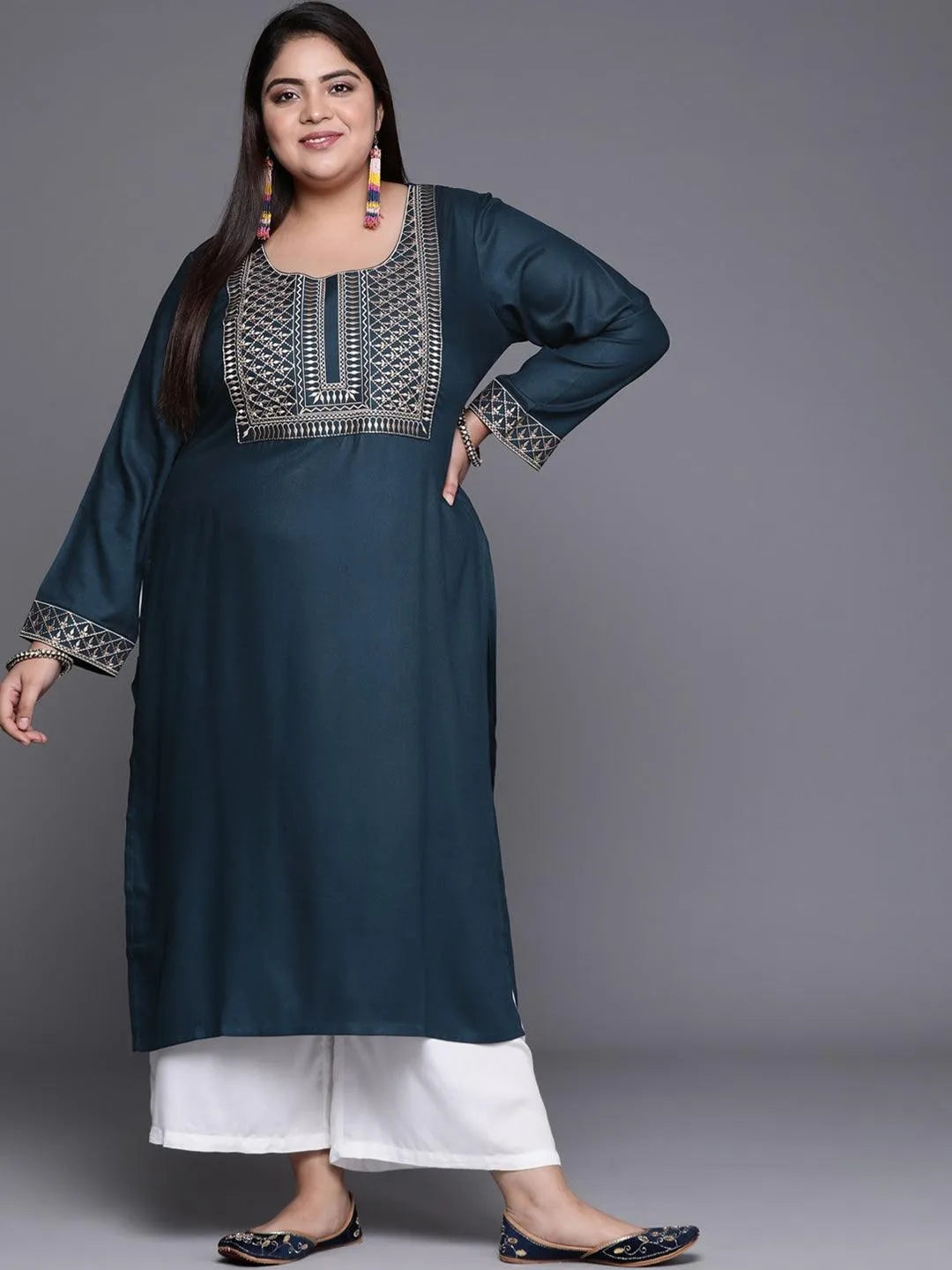 Plus Size Teal Blue Solid Wool Kurta - Libas