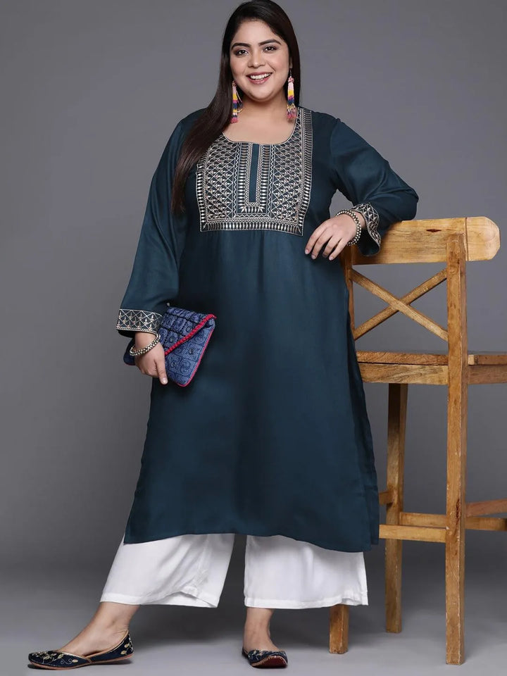 Plus Size Teal Blue Solid Wool Kurta - Libas