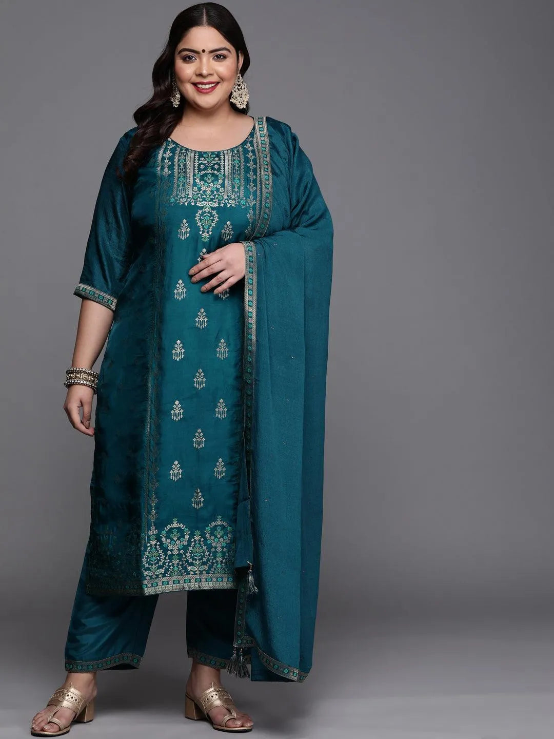 Plus Size Teal Self Design Silk Blend Suit Set - Libas 