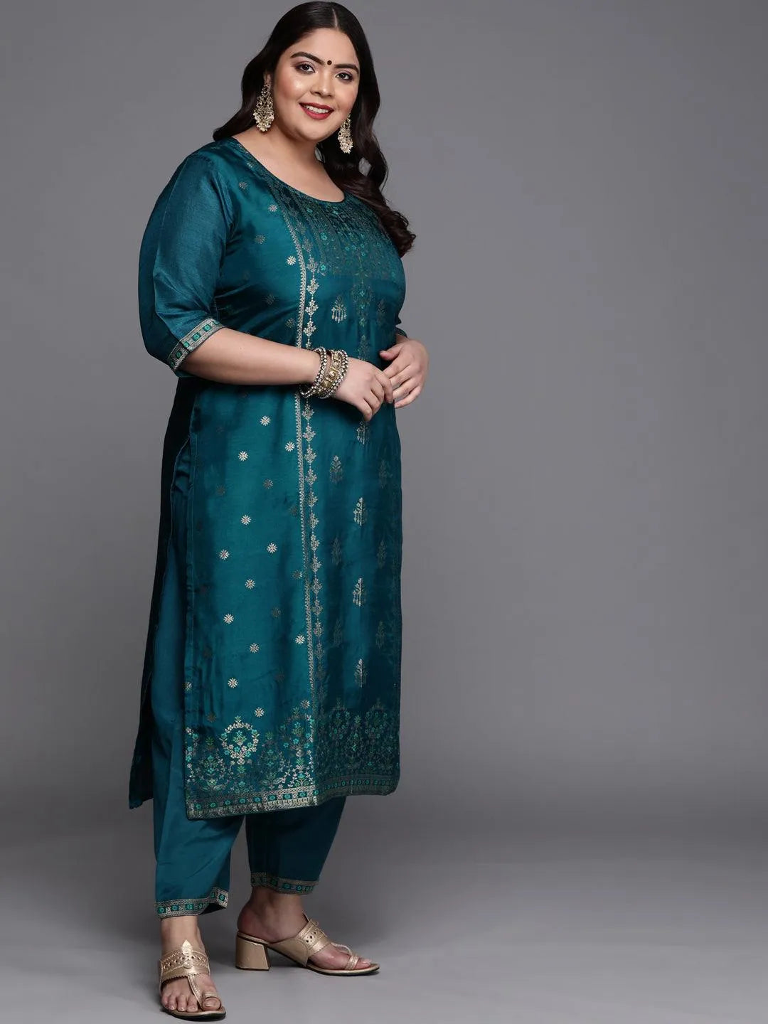 Plus Size Teal Self Design Silk Blend Suit Set - Libas