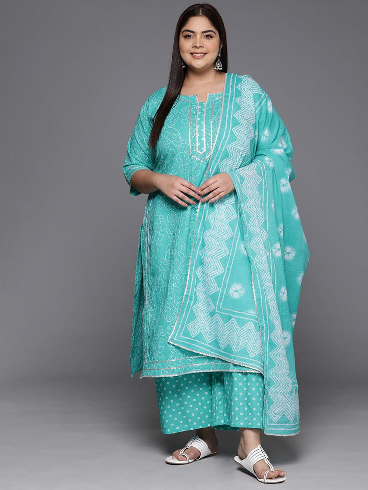 Plus Size Turquoise Blue Printed Cotton Straight Kurta With Palazzos & Dupatta - Libas