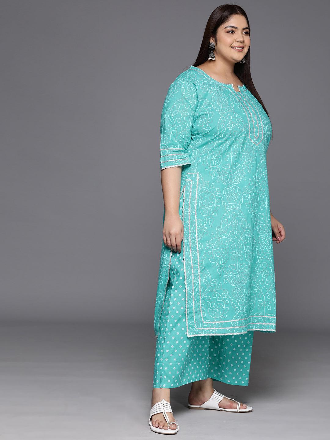 Plus Size Turquoise Blue Printed Cotton Straight Kurta With Palazzos & Dupatta - Libas