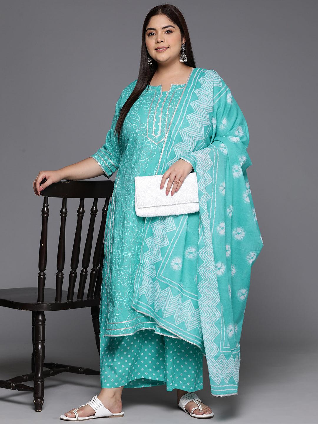 Plus Size Turquoise Blue Printed Cotton Straight Kurta With Palazzos & Dupatta - Libas