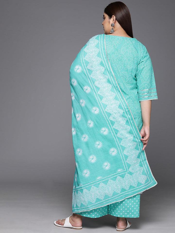 Plus Size Turquoise Blue Printed Cotton Straight Kurta With Palazzos & Dupatta - Libas