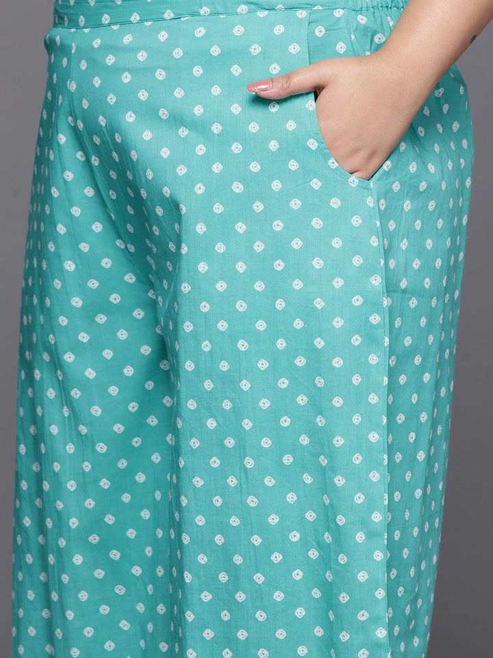 Plus Size Turquoise Blue Printed Cotton Straight Kurta With Palazzos & Dupatta - Libas