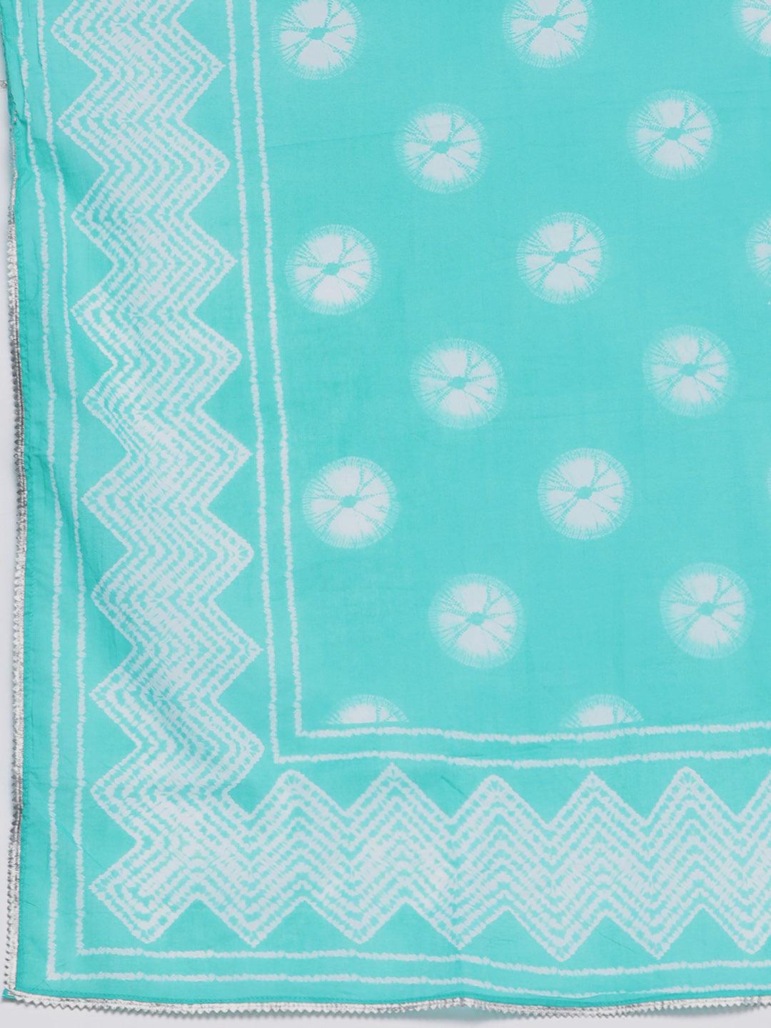 Plus Size Turquoise Blue Printed Cotton Straight Kurta With Palazzos & Dupatta - Libas