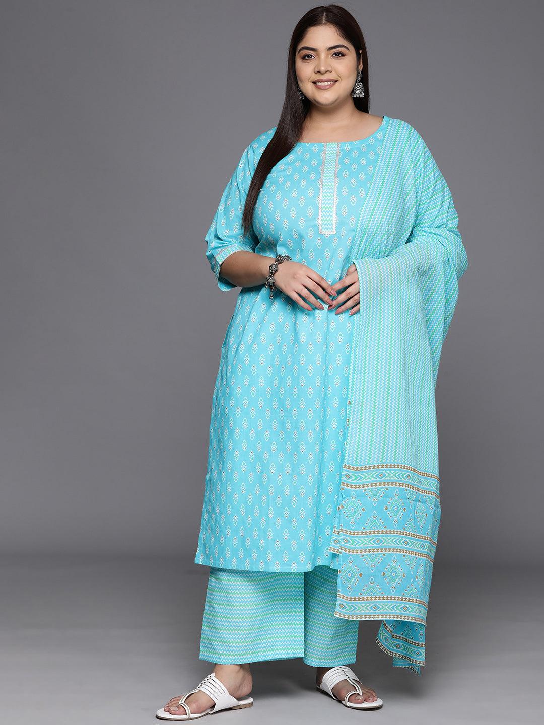 Plus Size Turquoise Blue Printed Cotton Straight Kurta With Trousers & Dupatta - Libas