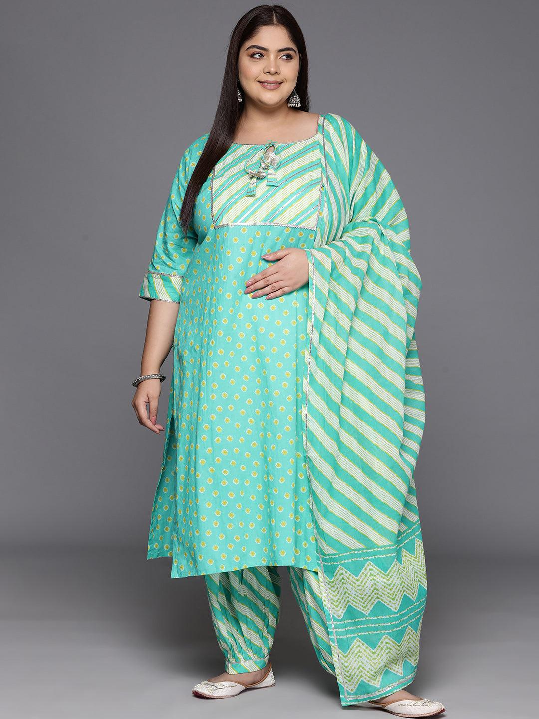 Plus Size Turquoise Blue Yoke Design Cotton Straight Kurta With Salwar & Dupatta - Libas