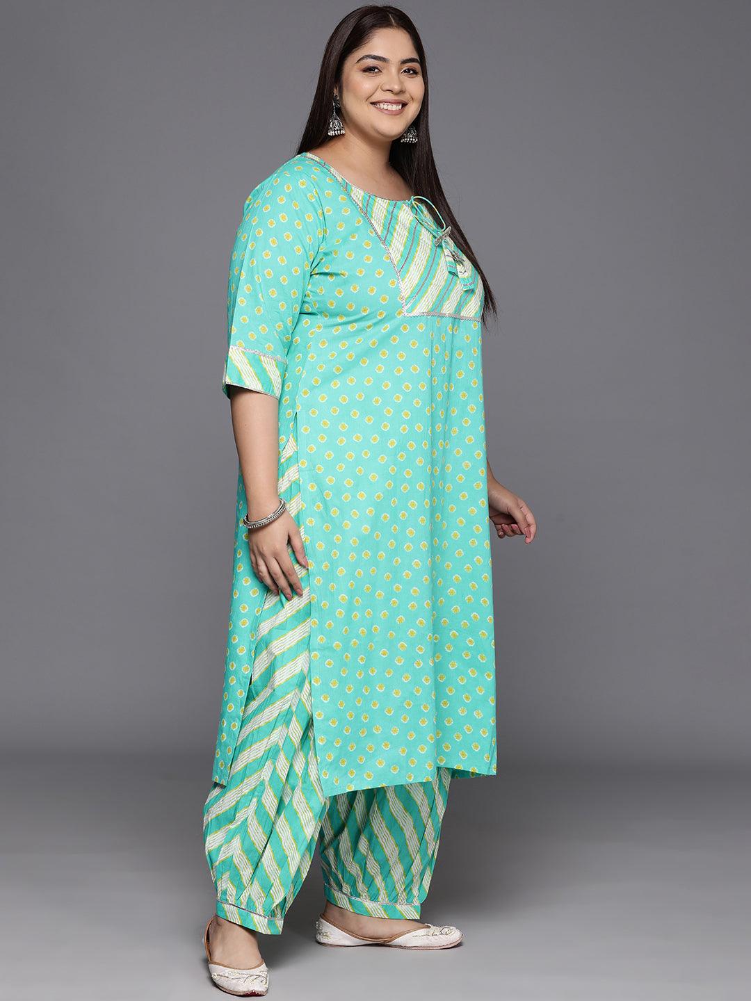 Plus Size Turquoise Blue Yoke Design Cotton Straight Kurta With Salwar & Dupatta - Libas