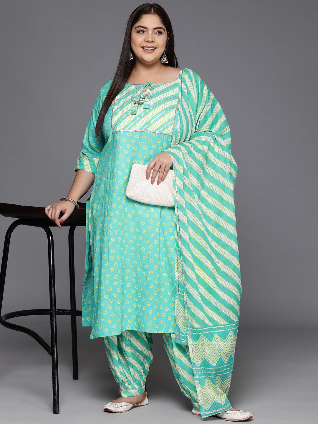 Plus Size Turquoise Blue Yoke Design Cotton Straight Kurta With Salwar & Dupatta - Libas