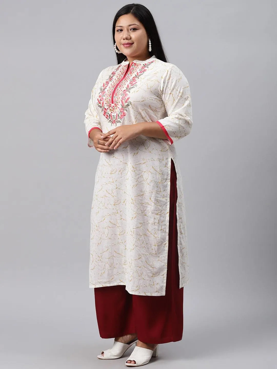 Plus Size White Embroidered Cotton Kurta - Libas