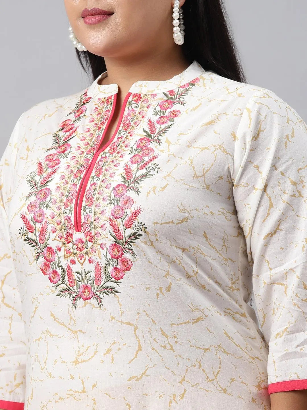 Plus Size White Embroidered Cotton Kurta - Libas