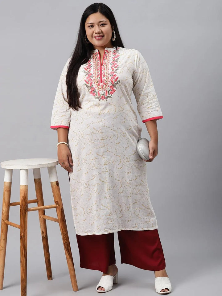 Plus Size White Embroidered Cotton Kurta - Libas